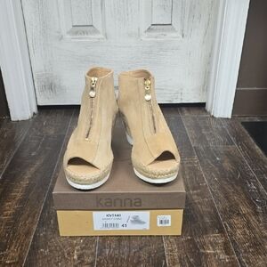 Kanna Beige Peep-Toe Espadrille Wedges